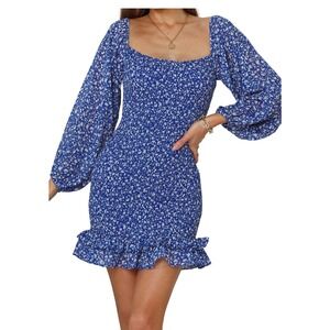 Hello Molly Women's Blue Floral "Just a Number" Mini Dress Smocked Ruffle Size 8